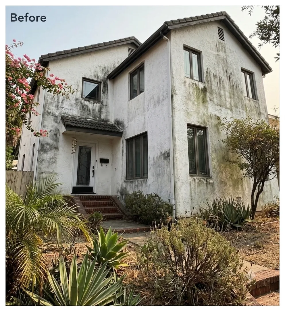 Stucco home exterior before washing, showing dark mold and mildew staining